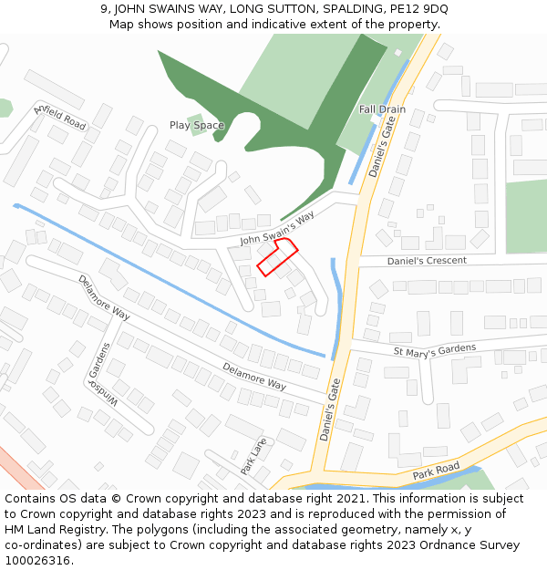 9, JOHN SWAINS WAY, LONG SUTTON, SPALDING, PE12 9DQ: Location map and indicative extent of plot