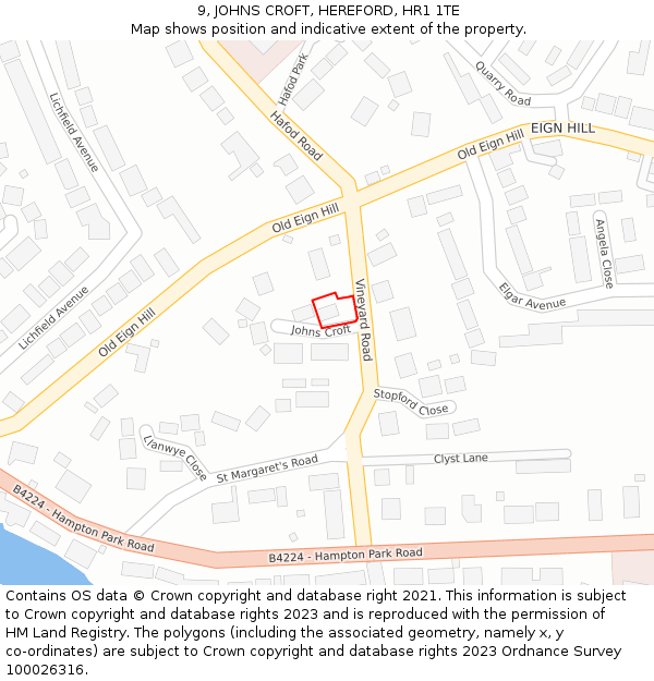 9, JOHNS CROFT, HEREFORD, HR1 1TE: Location map and indicative extent of plot