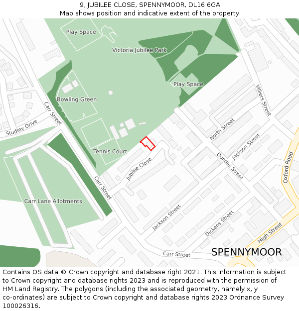 9, JUBILEE CLOSE, SPENNYMOOR, DL16 6GA: Location map and indicative extent of plot