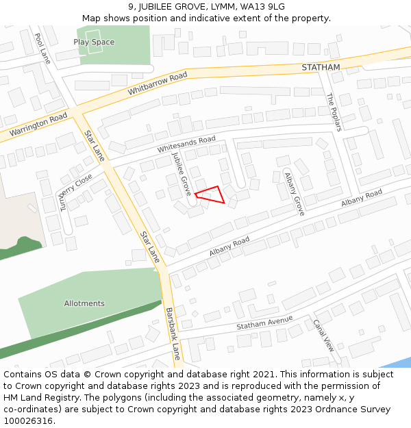 9, JUBILEE GROVE, LYMM, WA13 9LG: Location map and indicative extent of plot