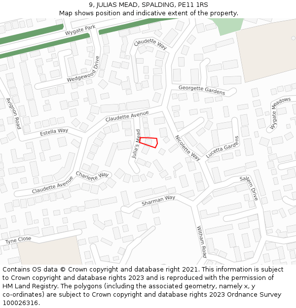9, JULIAS MEAD, SPALDING, PE11 1RS: Location map and indicative extent of plot