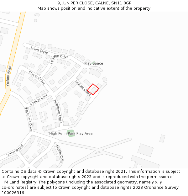 9, JUNIPER CLOSE, CALNE, SN11 8GP: Location map and indicative extent of plot