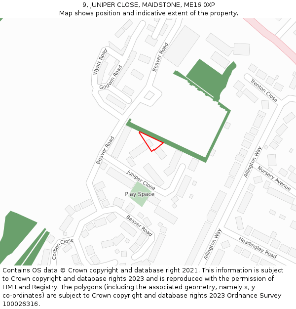 9, JUNIPER CLOSE, MAIDSTONE, ME16 0XP: Location map and indicative extent of plot