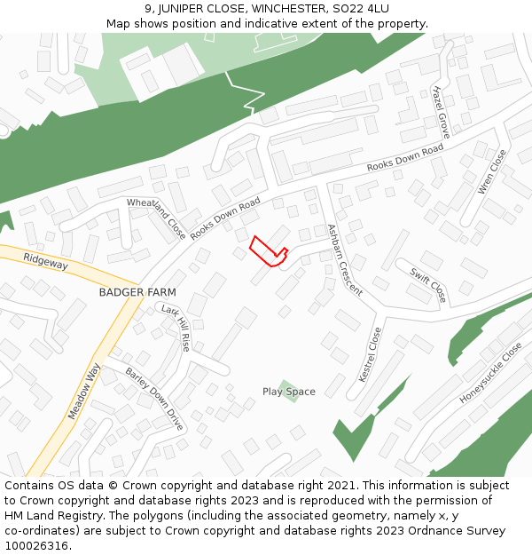 9, JUNIPER CLOSE, WINCHESTER, SO22 4LU: Location map and indicative extent of plot