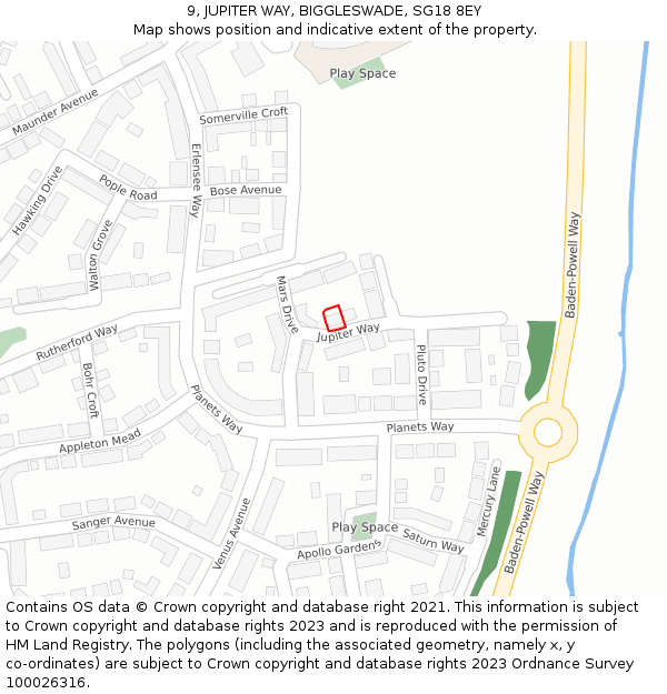 9, JUPITER WAY, BIGGLESWADE, SG18 8EY: Location map and indicative extent of plot