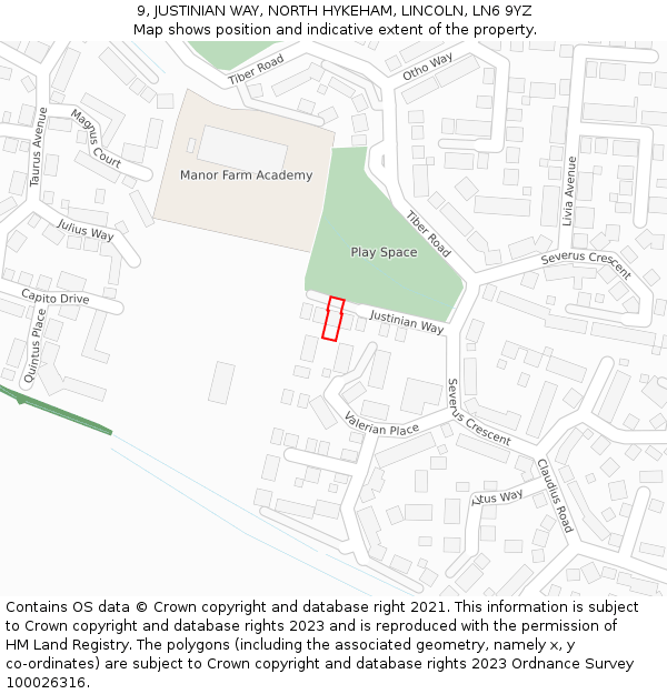 9, JUSTINIAN WAY, NORTH HYKEHAM, LINCOLN, LN6 9YZ: Location map and indicative extent of plot