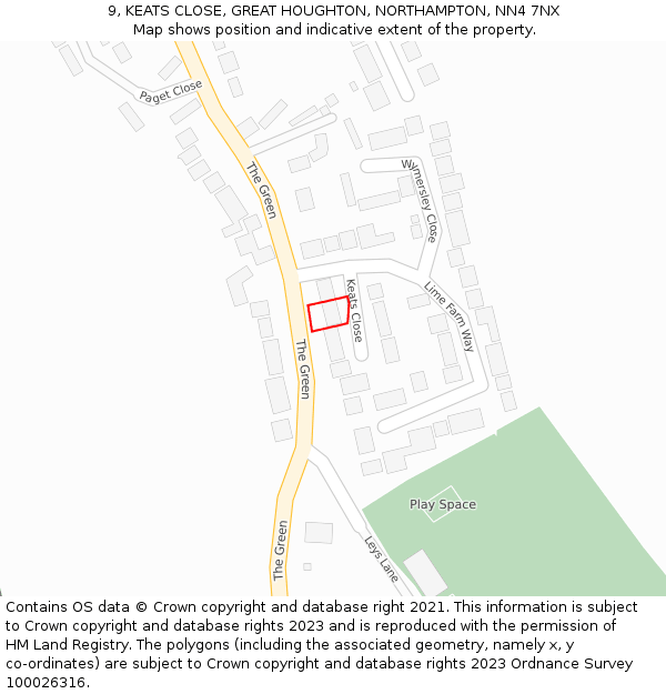 9, KEATS CLOSE, GREAT HOUGHTON, NORTHAMPTON, NN4 7NX: Location map and indicative extent of plot