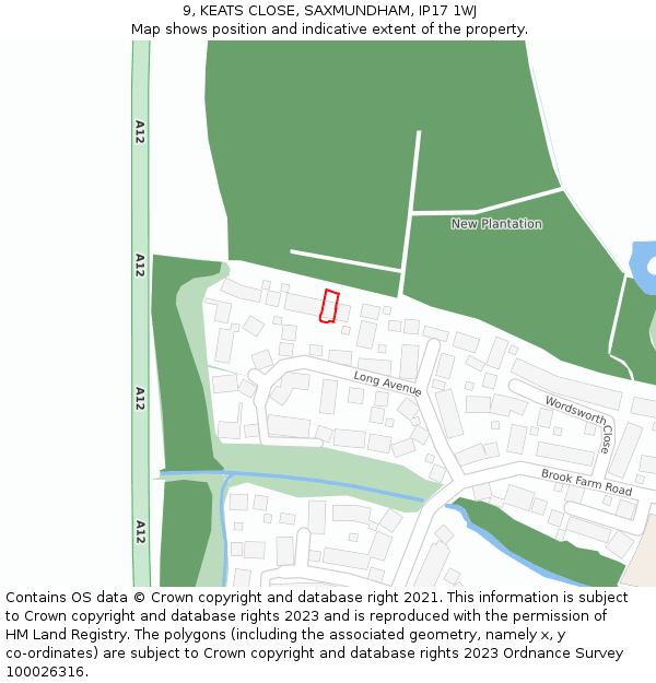 9, KEATS CLOSE, SAXMUNDHAM, IP17 1WJ: Location map and indicative extent of plot