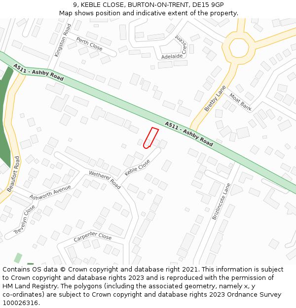 9, KEBLE CLOSE, BURTON-ON-TRENT, DE15 9GP: Location map and indicative extent of plot