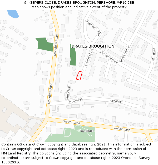 9, KEEPERS CLOSE, DRAKES BROUGHTON, PERSHORE, WR10 2BB: Location map and indicative extent of plot