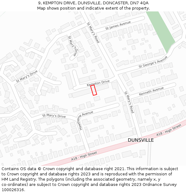 9, KEMPTON DRIVE, DUNSVILLE, DONCASTER, DN7 4QA: Location map and indicative extent of plot