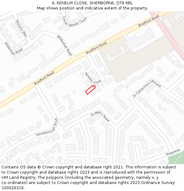 9, KENELM CLOSE, SHERBORNE, DT9 6BL: Location map and indicative extent of plot