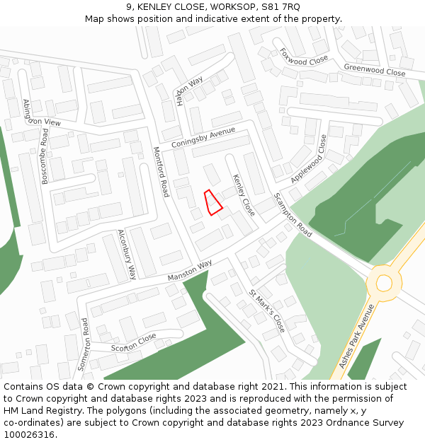 9, KENLEY CLOSE, WORKSOP, S81 7RQ: Location map and indicative extent of plot
