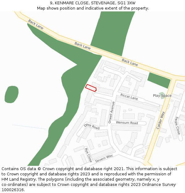 9, KENMARE CLOSE, STEVENAGE, SG1 3XW: Location map and indicative extent of plot