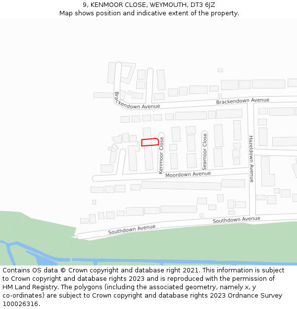 9, KENMOOR CLOSE, WEYMOUTH, DT3 6JZ: Location map and indicative extent of plot