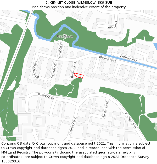 9, KENNET CLOSE, WILMSLOW, SK9 3UE: Location map and indicative extent of plot