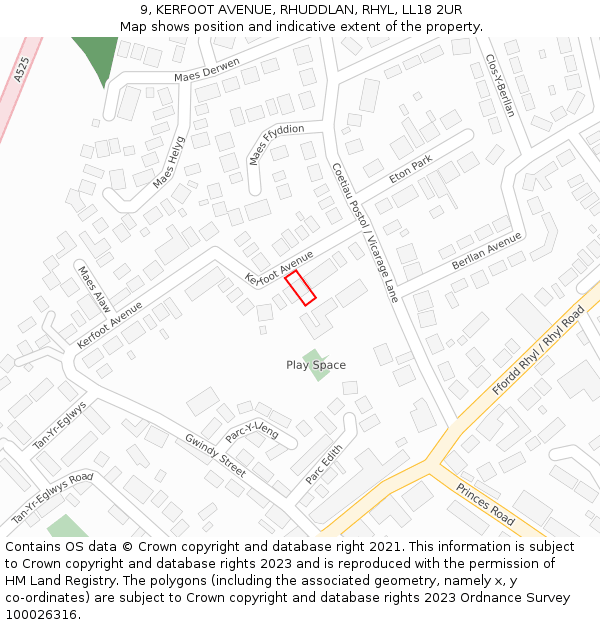 9, KERFOOT AVENUE, RHUDDLAN, RHYL, LL18 2UR: Location map and indicative extent of plot