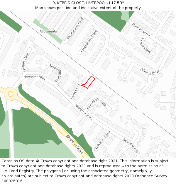 9, KERRIS CLOSE, LIVERPOOL, L17 5BY: Location map and indicative extent of plot