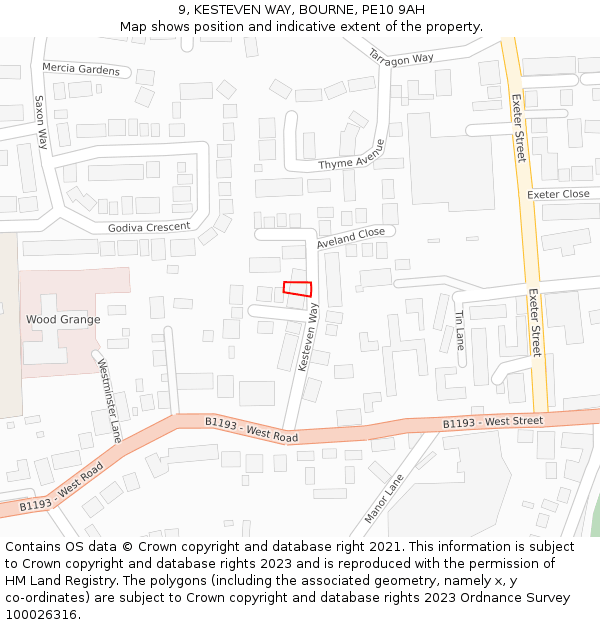 9, KESTEVEN WAY, BOURNE, PE10 9AH: Location map and indicative extent of plot