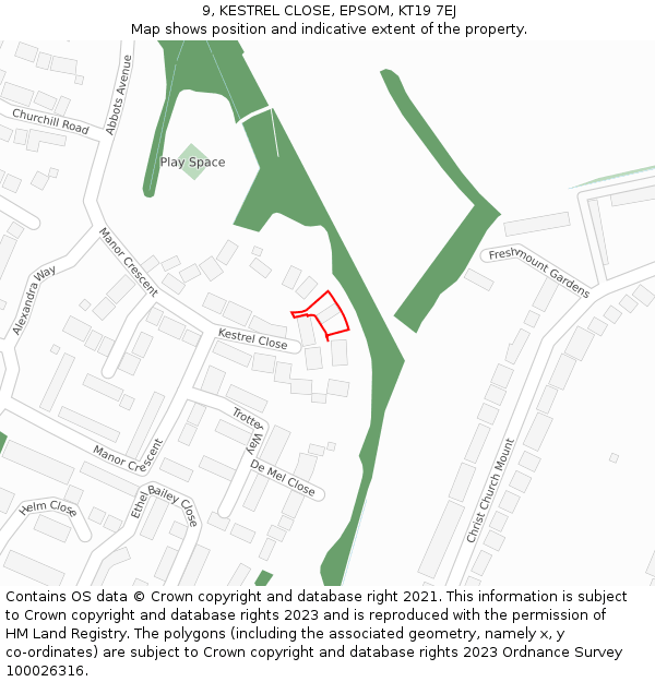 9, KESTREL CLOSE, EPSOM, KT19 7EJ: Location map and indicative extent of plot