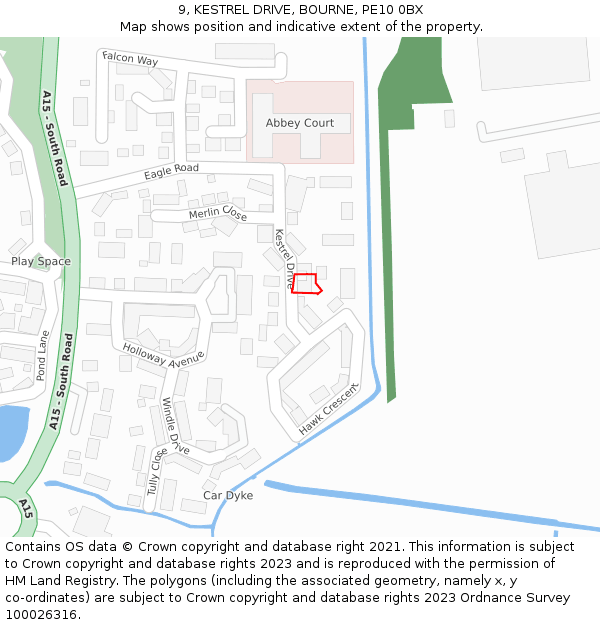 9, KESTREL DRIVE, BOURNE, PE10 0BX: Location map and indicative extent of plot