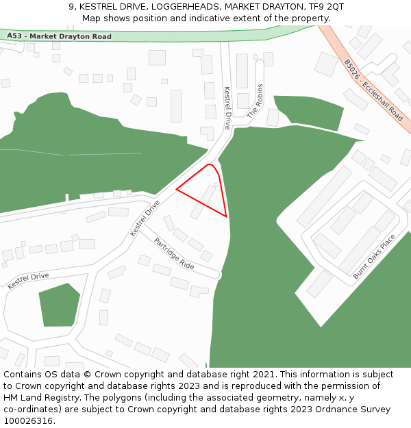 9, KESTREL DRIVE, LOGGERHEADS, MARKET DRAYTON, TF9 2QT: Location map and indicative extent of plot