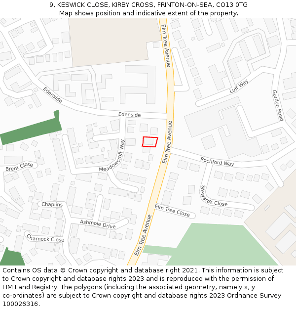 9, KESWICK CLOSE, KIRBY CROSS, FRINTON-ON-SEA, CO13 0TG: Location map and indicative extent of plot