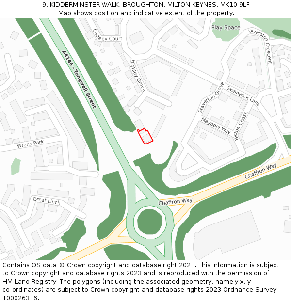 9, KIDDERMINSTER WALK, BROUGHTON, MILTON KEYNES, MK10 9LF: Location map and indicative extent of plot