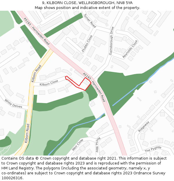 9, KILBORN CLOSE, WELLINGBOROUGH, NN8 5YA: Location map and indicative extent of plot