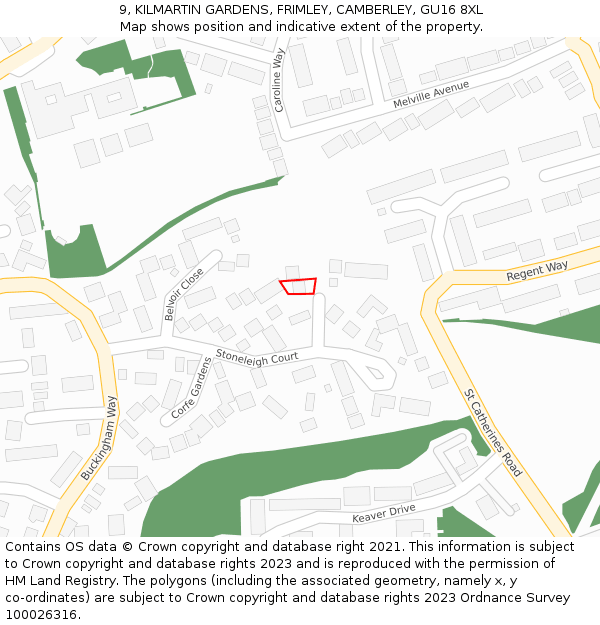 9, KILMARTIN GARDENS, FRIMLEY, CAMBERLEY, GU16 8XL: Location map and indicative extent of plot