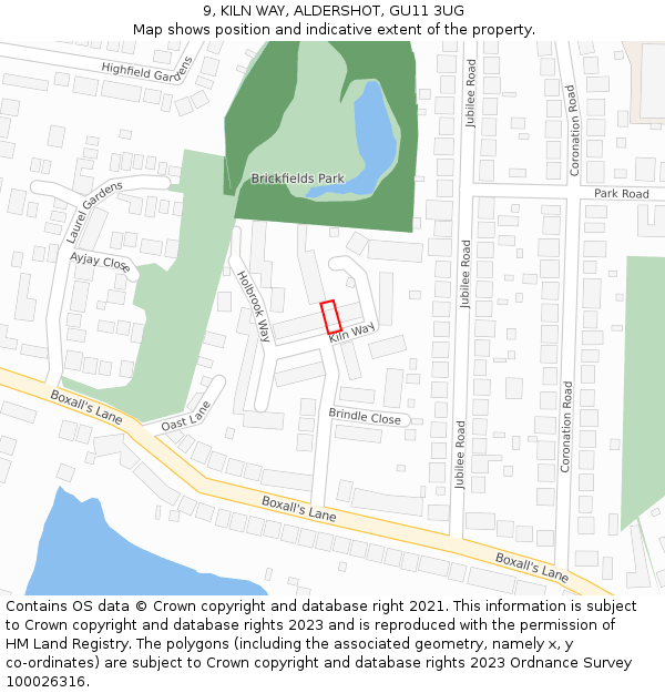 9, KILN WAY, ALDERSHOT, GU11 3UG: Location map and indicative extent of plot