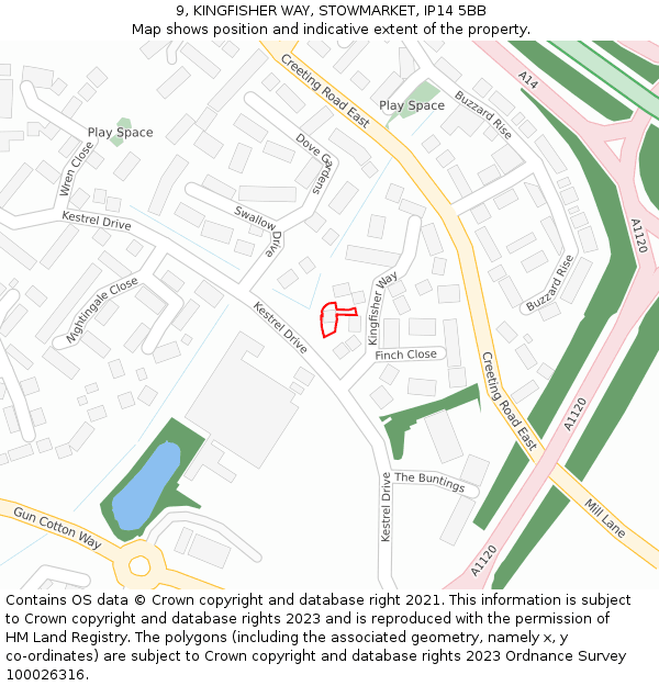9, KINGFISHER WAY, STOWMARKET, IP14 5BB: Location map and indicative extent of plot