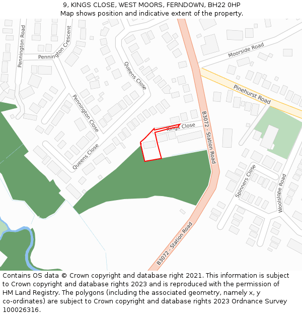 9, KINGS CLOSE, WEST MOORS, FERNDOWN, BH22 0HP: Location map and indicative extent of plot