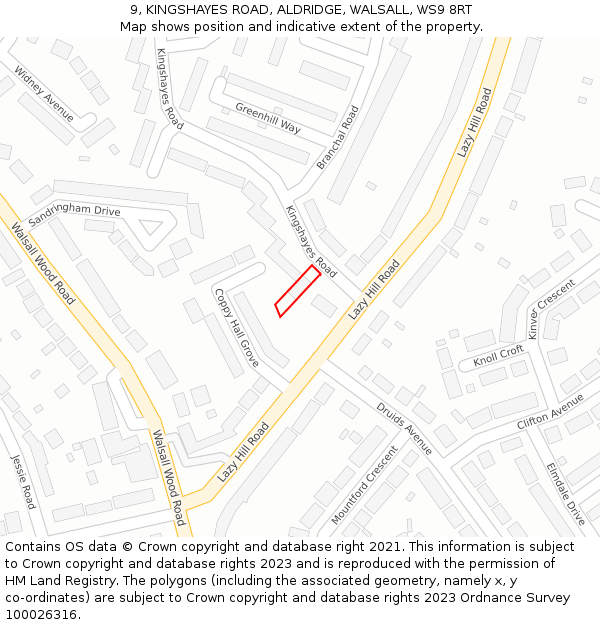 9, KINGSHAYES ROAD, ALDRIDGE, WALSALL, WS9 8RT: Location map and indicative extent of plot