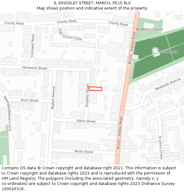 9, KINGSLEY STREET, MARCH, PE15 8LX: Location map and indicative extent of plot