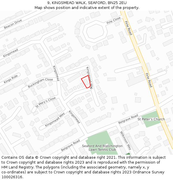 9, KINGSMEAD WALK, SEAFORD, BN25 2EU: Location map and indicative extent of plot