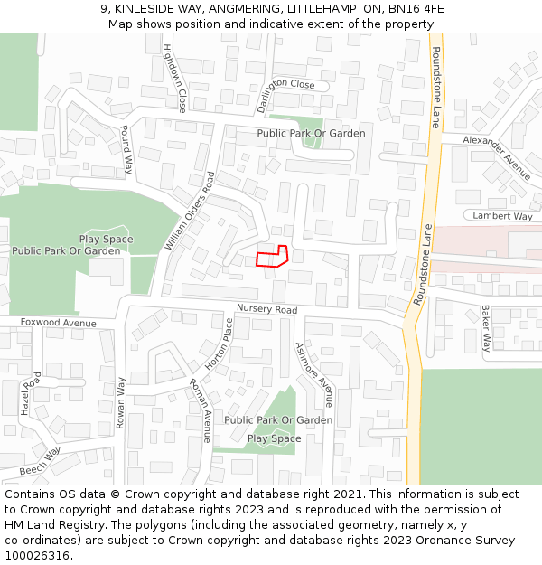 9, KINLESIDE WAY, ANGMERING, LITTLEHAMPTON, BN16 4FE: Location map and indicative extent of plot