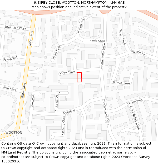 9, KIRBY CLOSE, WOOTTON, NORTHAMPTON, NN4 6AB: Location map and indicative extent of plot