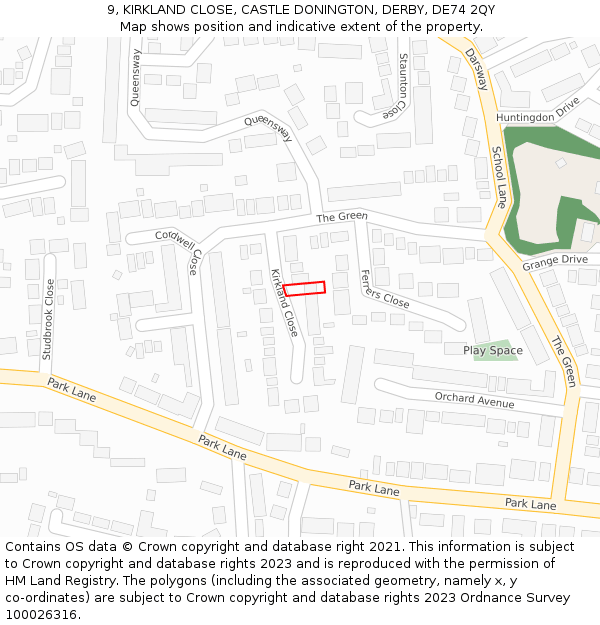 9, KIRKLAND CLOSE, CASTLE DONINGTON, DERBY, DE74 2QY: Location map and indicative extent of plot