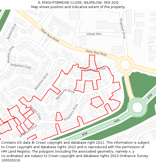 9, KNIGHTSBRIDGE CLOSE, WILMSLOW, SK9 2GQ: Location map and indicative extent of plot