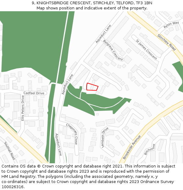 9, KNIGHTSBRIDGE CRESCENT, STIRCHLEY, TELFORD, TF3 1BN: Location map and indicative extent of plot