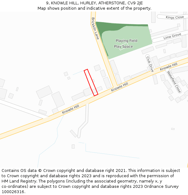 9, KNOWLE HILL, HURLEY, ATHERSTONE, CV9 2JE: Location map and indicative extent of plot