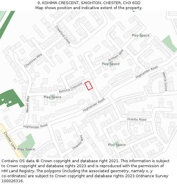 9, KOHIMA CRESCENT, SAIGHTON, CHESTER, CH3 6GD: Location map and indicative extent of plot