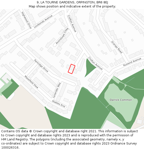 9, LA TOURNE GARDENS, ORPINGTON, BR6 8EJ: Location map and indicative extent of plot