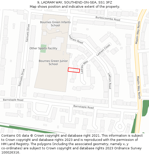 9, LADRAM WAY, SOUTHEND-ON-SEA, SS1 3PZ: Location map and indicative extent of plot