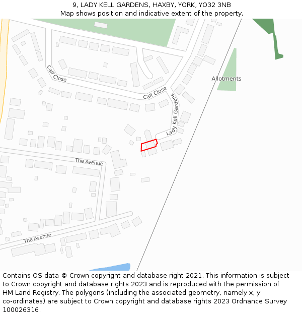 9, LADY KELL GARDENS, HAXBY, YORK, YO32 3NB: Location map and indicative extent of plot