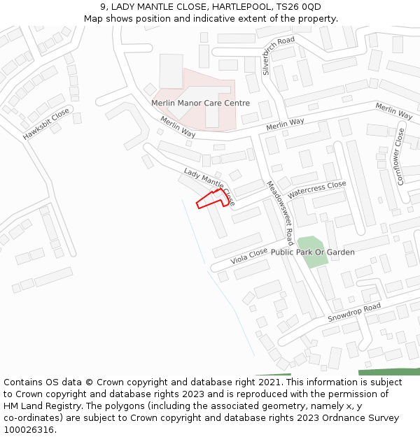 9, LADY MANTLE CLOSE, HARTLEPOOL, TS26 0QD: Location map and indicative extent of plot