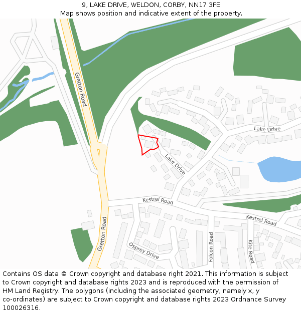 9, LAKE DRIVE, WELDON, CORBY, NN17 3FE: Location map and indicative extent of plot