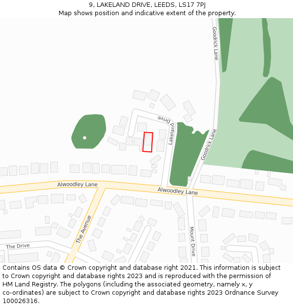 9, LAKELAND DRIVE, LEEDS, LS17 7PJ: Location map and indicative extent of plot