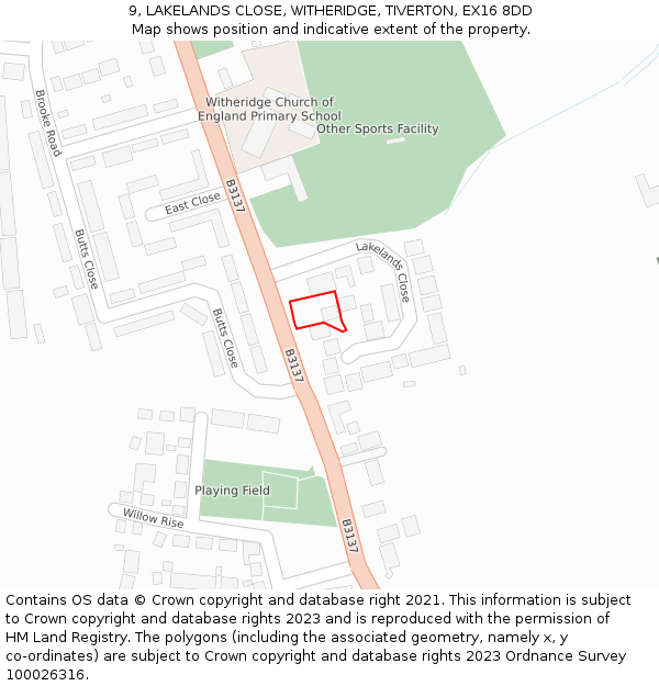9, LAKELANDS CLOSE, WITHERIDGE, TIVERTON, EX16 8DD: Location map and indicative extent of plot